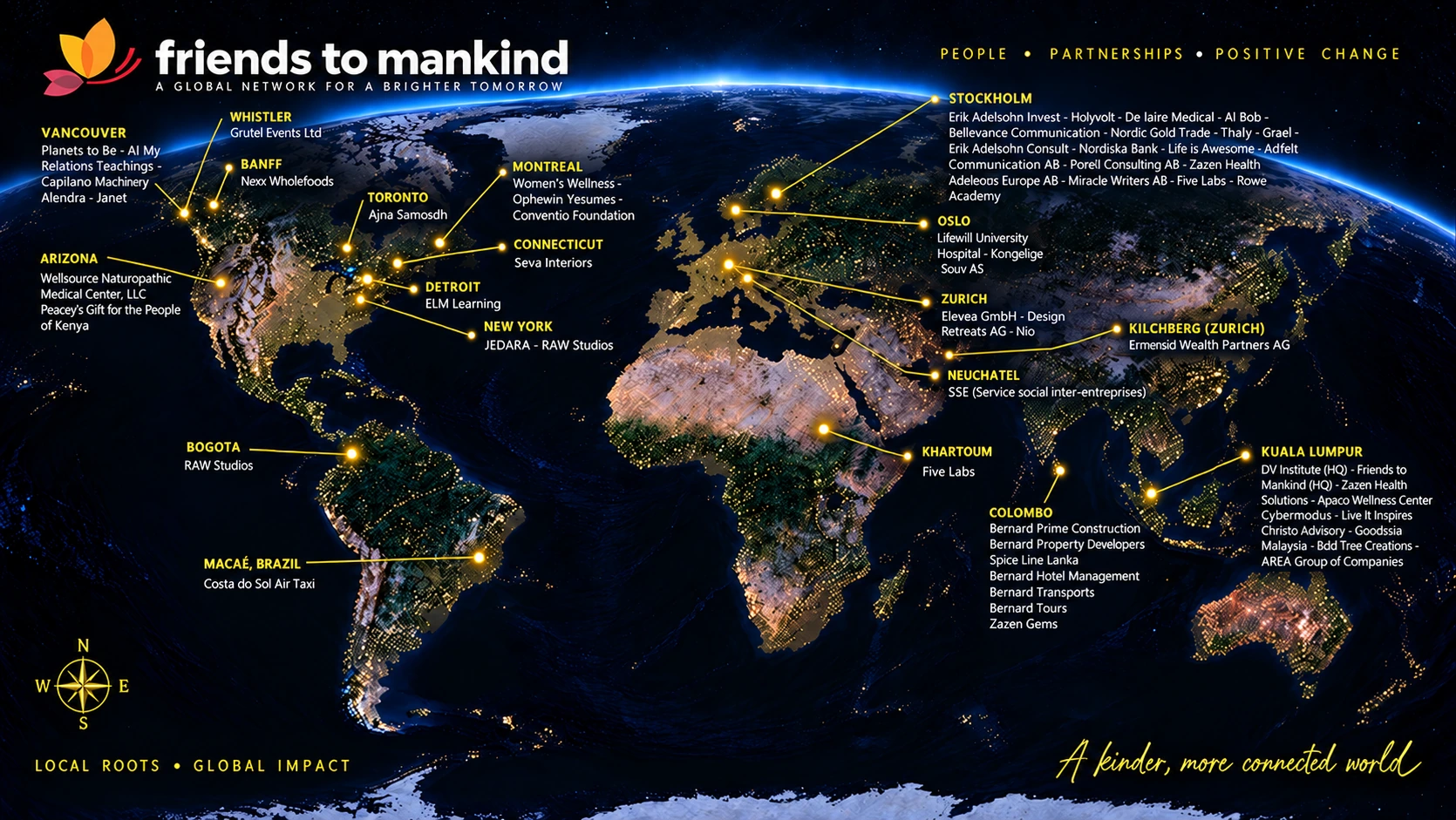 The Friends to Mankind network map - partner organisations in Vancouver, Toronto, New York, Stockholm, Oslo, Zurich, Khartoum, Colombo, Kuala Lumpur and elsewhere