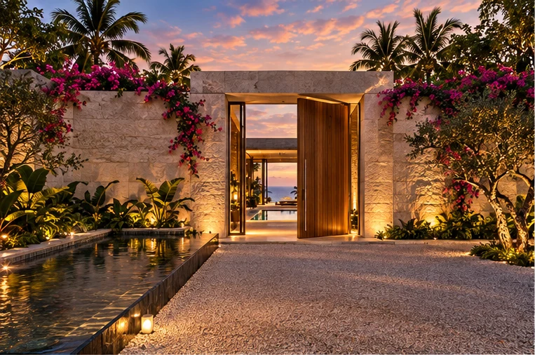 The arrival courtyard on the high side of the house