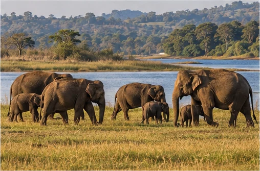 A herd of wild Asian elephants with calves by a waterhole
