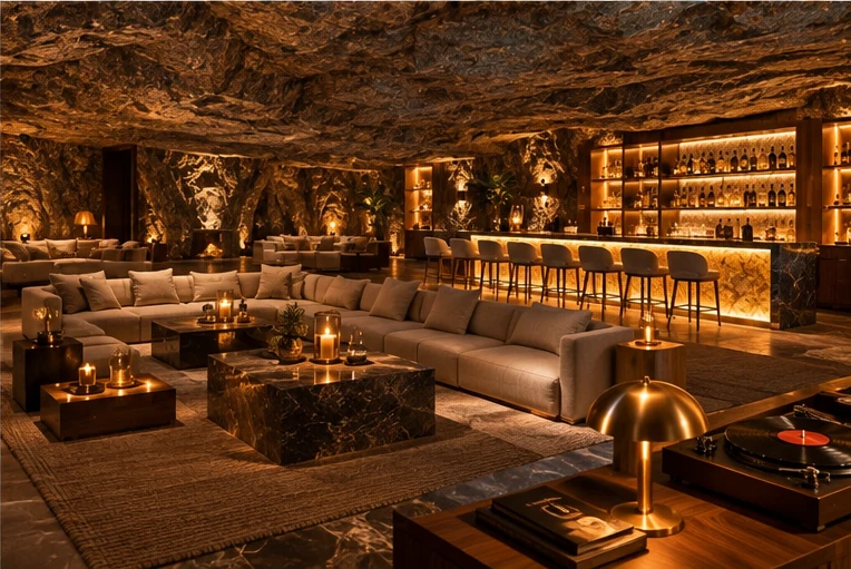 A bar and lounge on the lower level