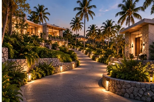 Stone paths between the plots, lit at night