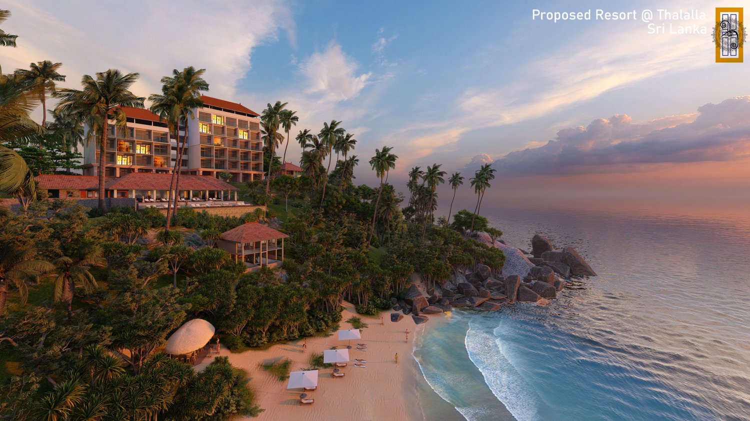 Proposed full-scale hotel, aerial view at sunset