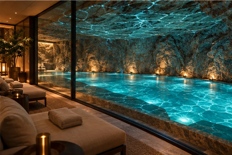A swimming pool on the lower level, lit from within