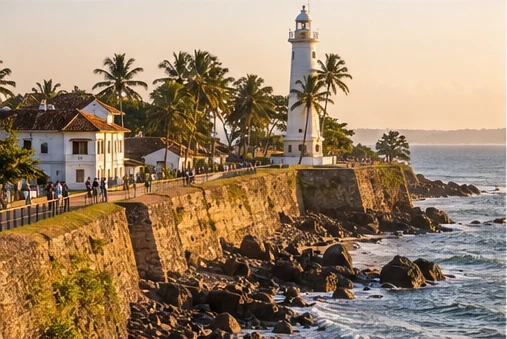 The ramparts and lighthouse of Galle Fort seen from the walls