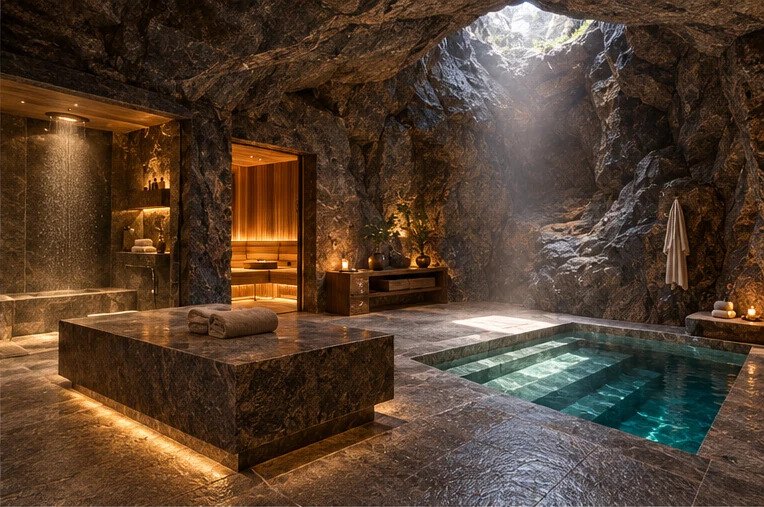 An underground spa with a plunge pool and a daylight shaft