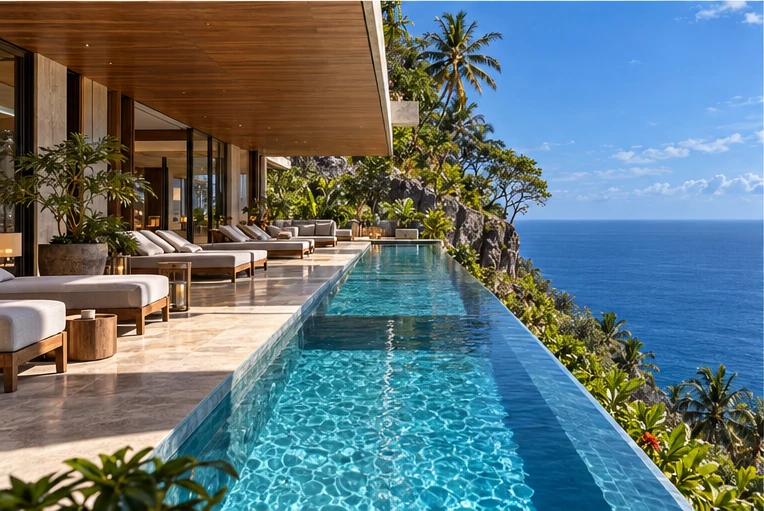 A long lap pool on the lowest terrace, the cliff falling away beyond