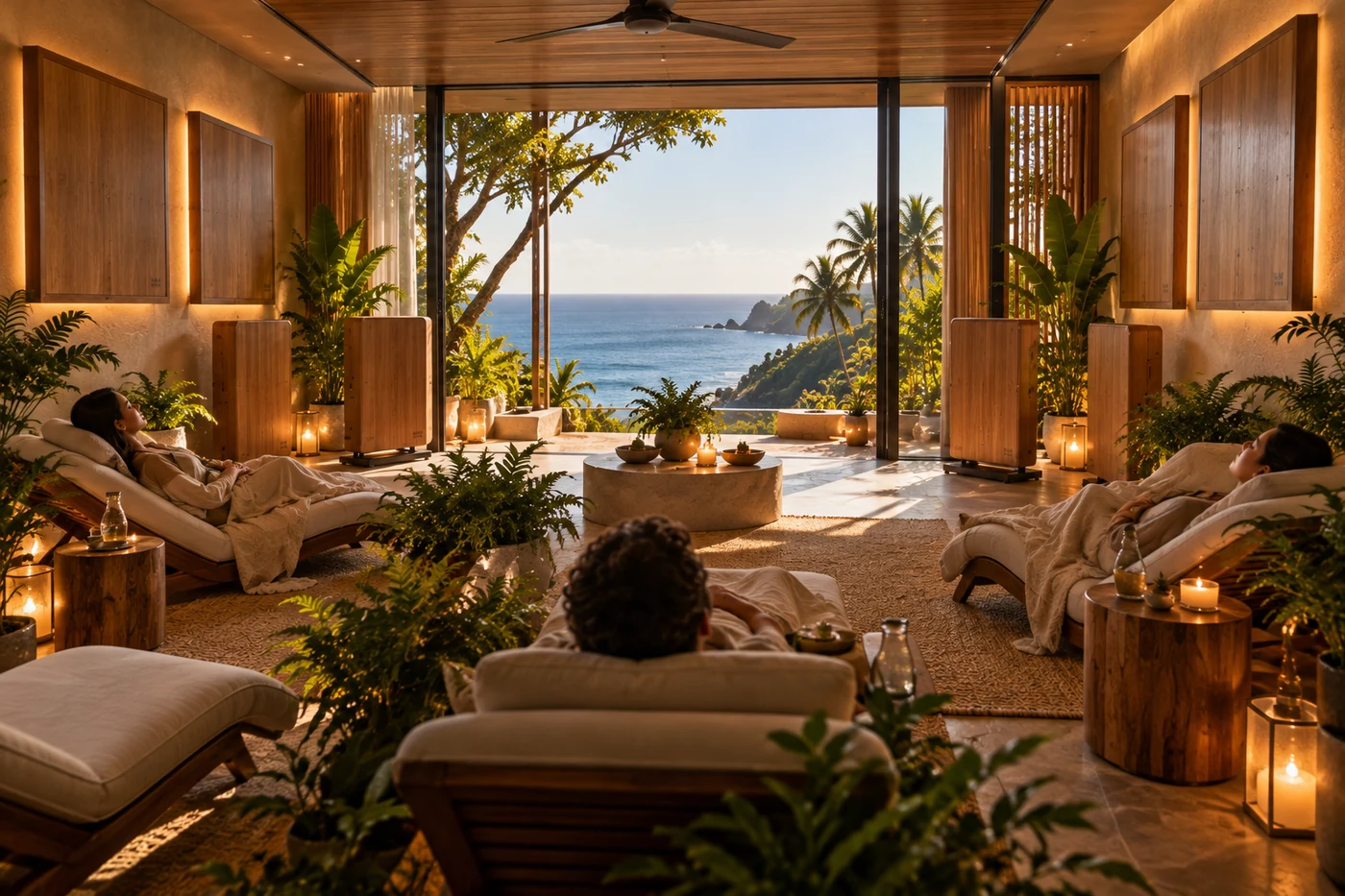 The scalar lounge, people resting in recliners between wall-mounted scalar panels, ocean beyond