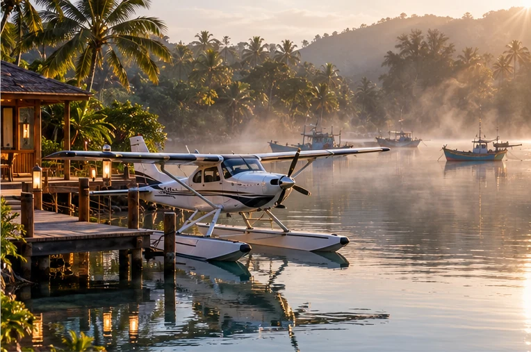 An amphibious seaplane at a jetty on a coastal lagoon