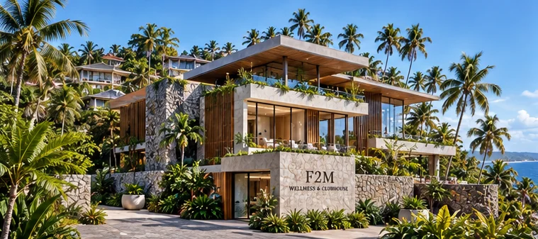 The building, set back from the cliff among the palms