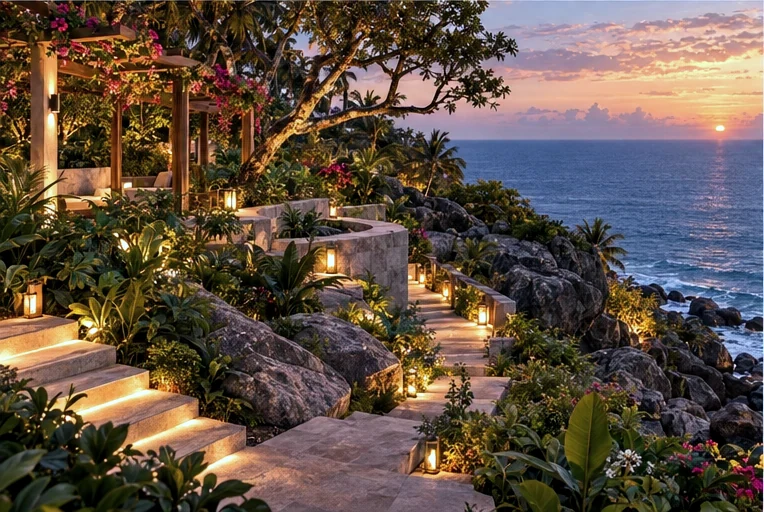 A stone path descending between terraced gardens