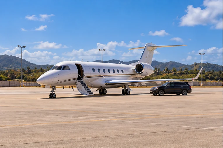 A private jet on the apron at Mattala