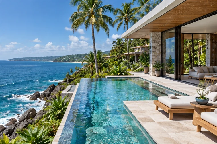 The pool edge as the boundary — no garden needed in front