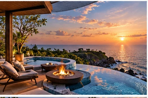A fire pit set into the terrace above the rocks