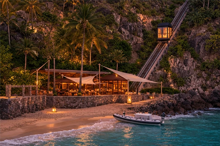 The beach pavilion at the foot of the funicular with a tender