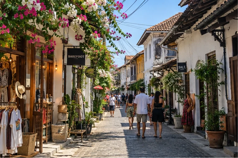 A busy shopping street inside Galle Fort, people walking under bougainvillea
