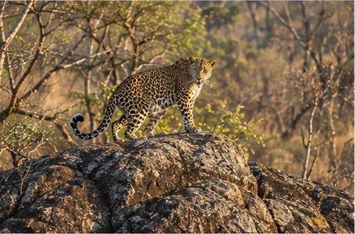 A leopard on a rock in dry scrub forest
